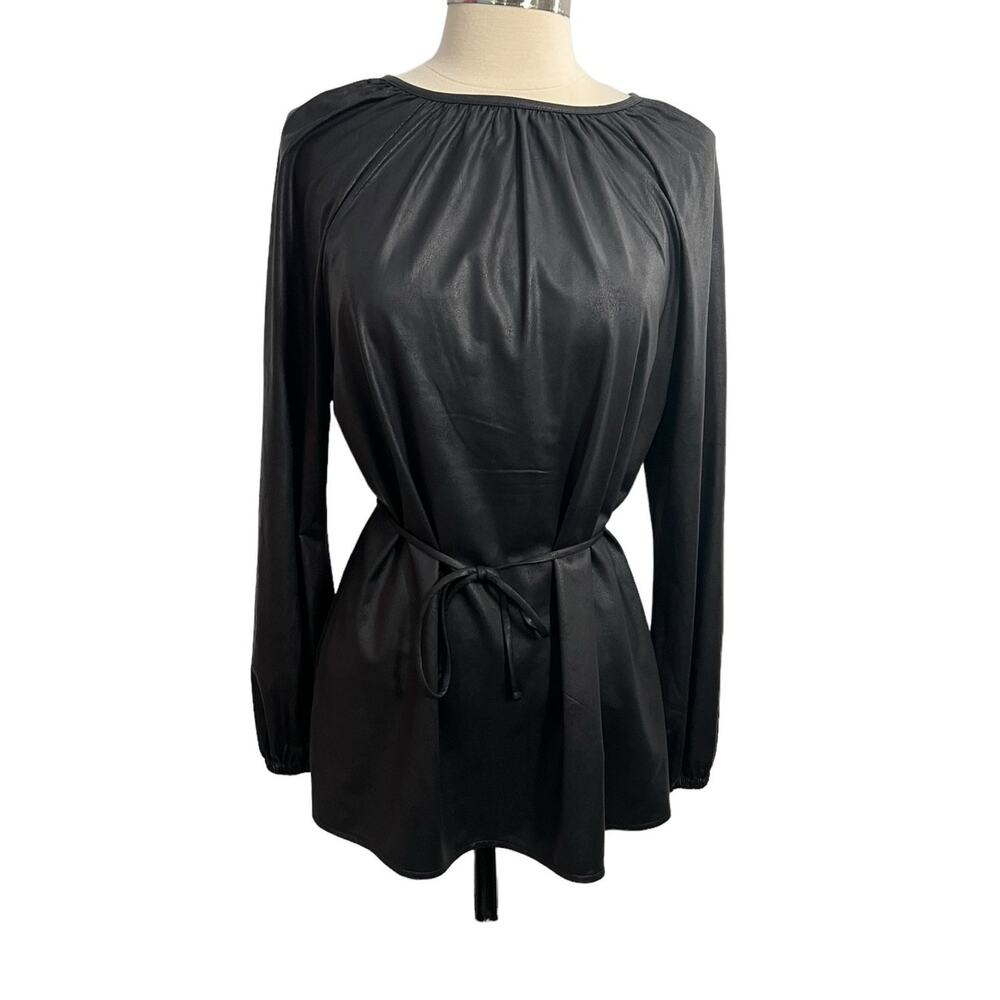 Halogen Black Faux Leather Belted Tunic Top Women's Small NWOT